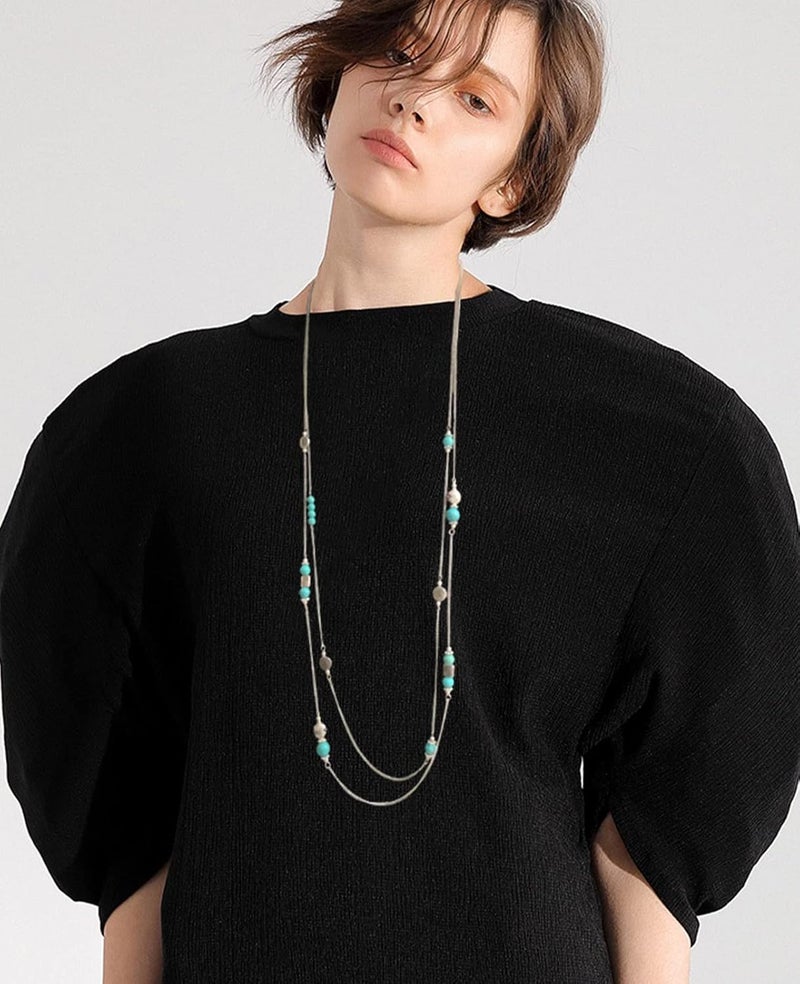 BULINLIN Layered Silver Long Necklace for Women Turquoise Stone Beaded Strand Sweater Chain Necklaces Fashion Costume Jewelry Gifts for Mom - Image 2